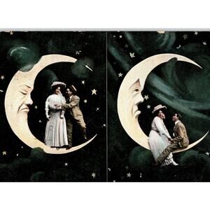 Romance Paper Moon Spooning In the Moon Human Face Crescent Moon Man Postcard